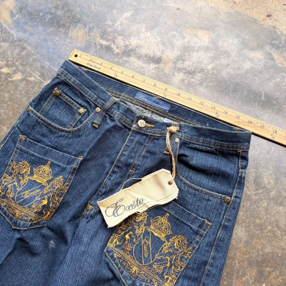 Existo Mens 32 Baggy Wide Leg Jeans Dark Wash Gold Crest Embroidered Y2K Blue‎